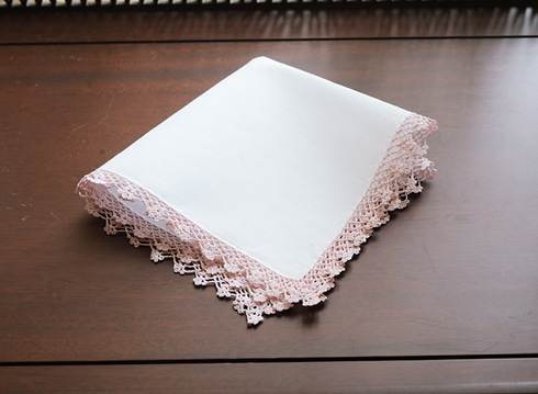 Cotton handkerchief. Mary's Pink colored lace trimmed - Click Image to Close